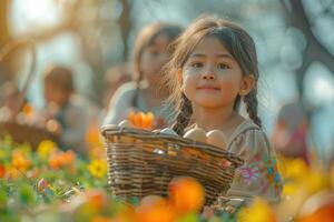 ai generado niña con Pascua de Resurrección huevo cesta en flor campo foto