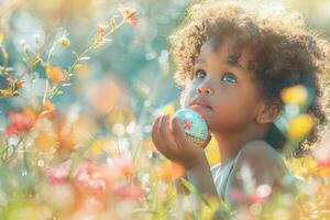 ai generado soñador niño con Pascua de Resurrección huevo en floral campo foto