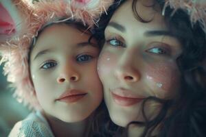 AI generated Mother and Daughter with Easter Bunny Ears and Glitter photo