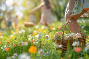 ai generado Pascua de Resurrección huevo cazar en soleado flor prado foto