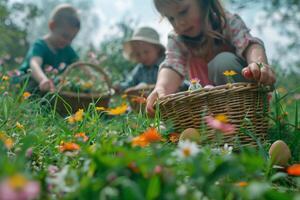 ai generado para niños Pascua de Resurrección huevo cazar en flor campo foto