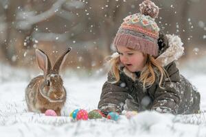 ai generado alegre Nevado Tiempo de juego con un niño y un Conejo foto