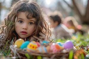 ai generado curioso niño a Pascua de Resurrección huevo cazar al aire libre foto