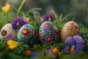 ai generado intrincadamente pintado Pascua de Resurrección huevos entre primavera flores foto