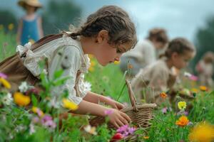 ai generado Clásico vestido niño cosecha flores en prado foto