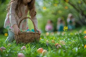 ai generado niño coleccionar Pascua de Resurrección huevos en soleado prado foto
