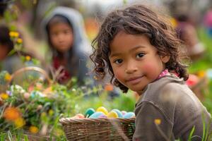 AI generated Smiling Child Enjoying Easter Egg Hunt in Garden photo