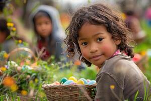 ai generado sonriente niño disfrutando Pascua de Resurrección huevo cazar en jardín foto