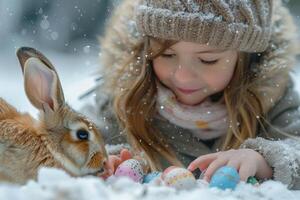 ai generado niño invierno mundo maravilloso con un conejito y Pascua de Resurrección huevos foto