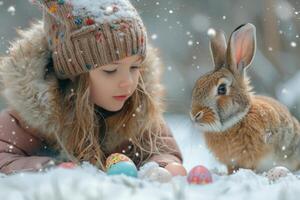 ai generado encantador encontrar. niña Satisface conejito en Nevado Pascua de Resurrección foto