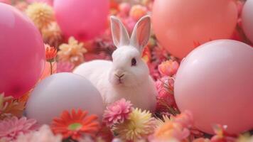 ai generado blanco Conejo entre rosado globos y flores foto