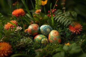 ai generado hecho a mano Pascua de Resurrección huevos anidado en lozano jardín verduras foto