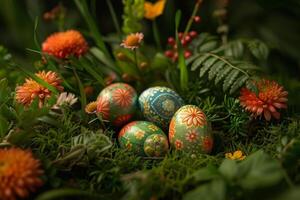 AI generated Handcrafted Easter Eggs Nestled in Lush Garden Greens photo
