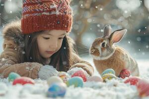 ai generado íntimo momento Entre niño y Conejo en invierno foto