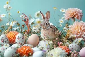 ai generado Pascua de Resurrección conejito con vistoso huevos en un floral paraíso foto