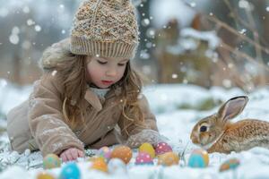 AI generated Child Playing with Easter Bunny in the Snow photo