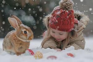 invierno curiosidad. niño mirando un Conejo y Pascua de Resurrección huevos foto