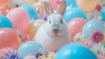 ai generado blanco Conejo con pastel globos y primavera flores foto