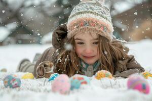 AI generated Child Admiring Rabbit in Snow with Easter Eggs photo