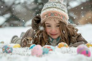 ai generado niño admirativo Conejo en nieve con Pascua de Resurrección huevos foto