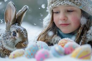 ai generado niño y conejito en nieve con vistoso Pascua de Resurrección huevos foto