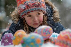 ai generado niña con vistoso Pascua de Resurrección huevos en Nevado clima foto