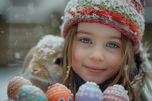 ai generado niño con Nevado Pascua de Resurrección conejito y decorado huevos foto