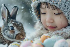 ai generado pequeño niña y Conejo disfrutando Nevado Pascua de Resurrección foto