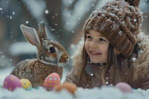 ai generado sonriente niña con conejito entre Nevado Pascua de Resurrección huevos foto