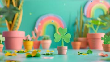 AI generated Paper Shamrock in Pot with Rainbow and Plants photo
