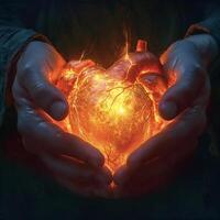 ai generado manos de plataforma un ardiente brillante corazón concepto foto