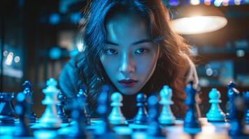 ai generado enfocado mujer jugando iluminado ajedrez juego foto