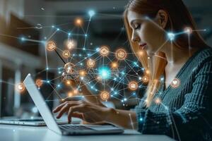 AI generated Woman Using Laptop with Digital Network Connection Icons photo