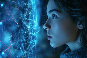 AI generated Young Woman Facing Digital Human Interface Concept photo