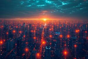 AI generated Futuristic Cityscape with Glowing Network Connections at Sunset photo
