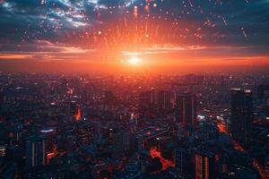 AI generated Sunset Cityscape with Glowing Digital Network Connections photo