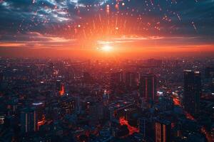 AI generated Sunset Cityscape with Glowing Digital Network Connections photo