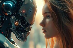 AI generated Human and Robot Face-to-Face, Future Technology Concept photo
