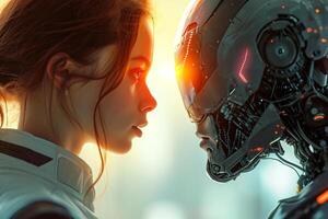 AI generated Intimate Encounter Between Woman and Robot, Sci-Fi Concept photo