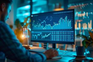 AI generated Trader Analyzing Financial Market Data on Computer Screens photo