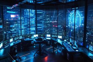 AI generated High-Tech Surveillance Room Overlooking a Neon City at Night photo