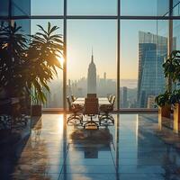 AI generated Modern Office with Panoramic View of City Skyline at Sunset photo