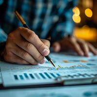 AI generated Business Analysis  Close-Up on Hand Reviewing Financial Charts photo