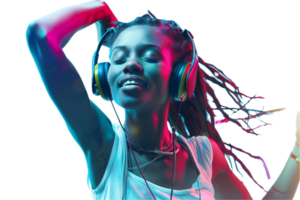 ai generado joven mujer disfrutando música en auriculares png