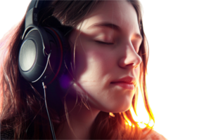 ai generado joven mujer disfrutando música en auriculares png