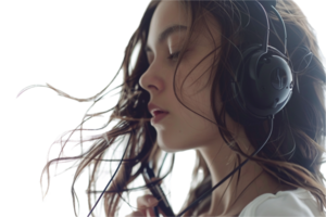 ai generado joven mujer disfrutando música en auriculares png