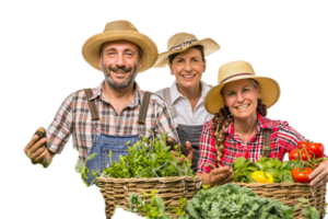 ai gegenereerd gelukkig boeren met vers oogst groenten PNG