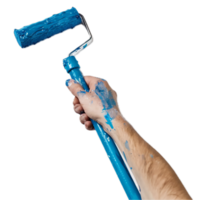 ai généré main La peinture avec bleu rouleau brosse png