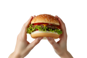 ai generato mani Tenere classico hamburger png