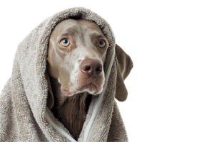 ai generato Weimaraner cane avvolto nel un' accogliente asciugamano png